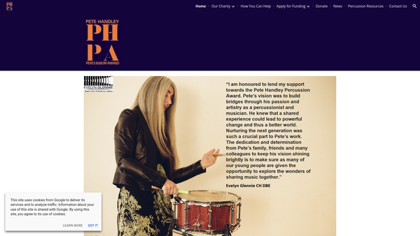 Screenshot of the Pete Handley Percussion Award website
