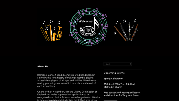 Screenshot of the Harmonie Concert Band, Solihull website