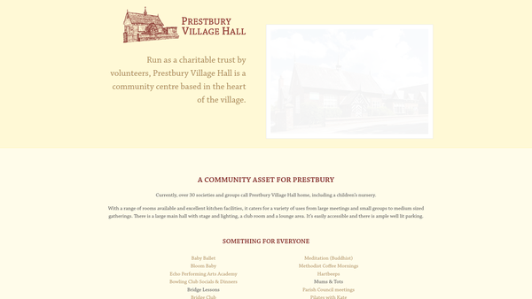 Screenshot of the Prestbury Village Hall website