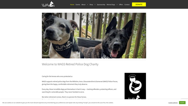 Screenshot of the Wags Retired Police Dogs website