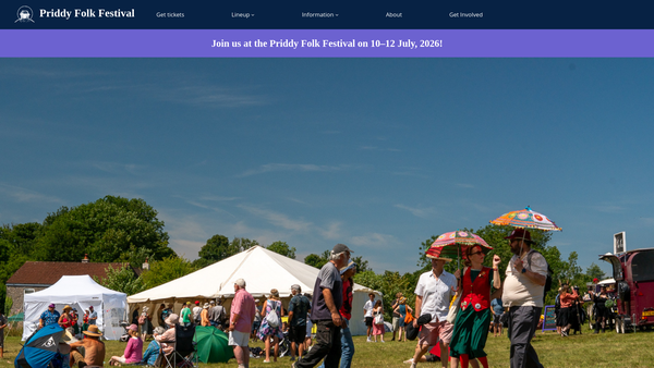 Screenshot of the Priddy Folk Festival website