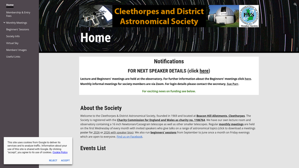 Screenshot of the Cleethorpes And District Astronomical Society website