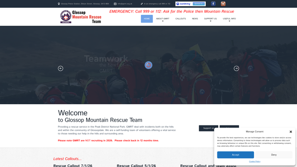 Screenshot of the Glossop Mountain Rescue Team website