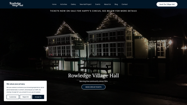 Screenshot of the Rowledge Village Hall website