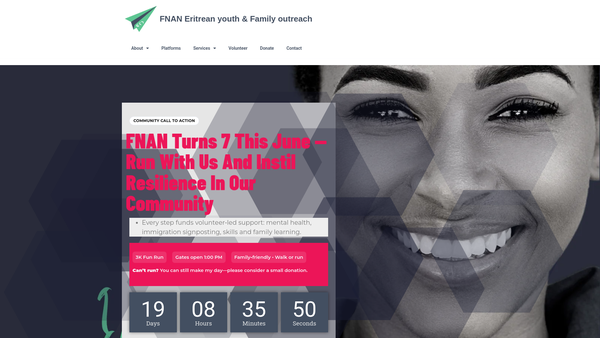 Screenshot of the Fnan Eritrean Youth And Family Outreach website