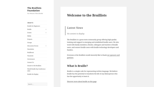 Screenshot of the Braillists Foundation website
