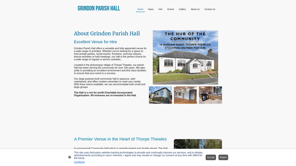 Screenshot of the Grindon Parish Hall website