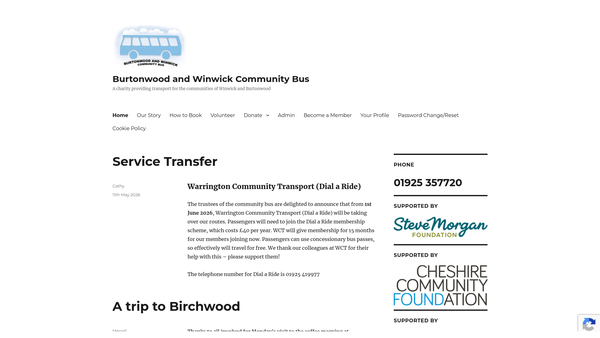 Screenshot of the Burtonwood & Winwick Community Bus CIO website