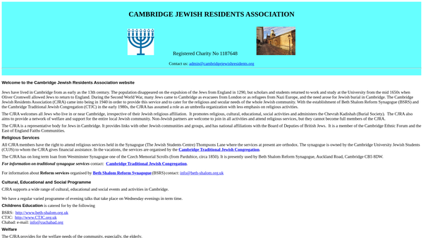 Screenshot of the Cambridge Jewish Residents Association website