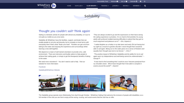Screenshot of the Sailability@whitefriars website