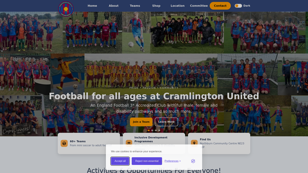 Screenshot of the Cramlington United Football Club website
