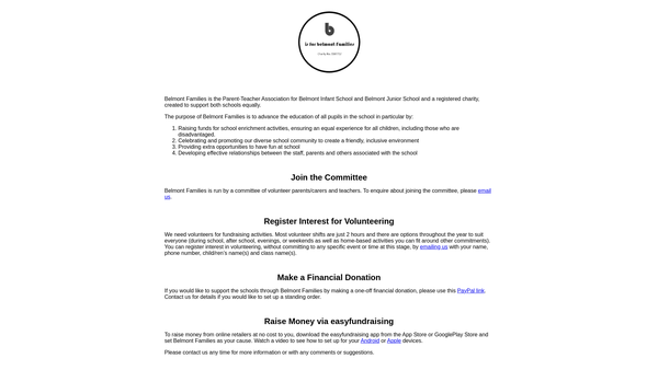 Screenshot of the Belmont Families website