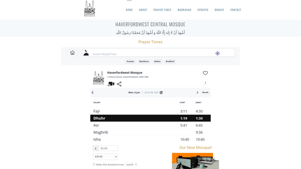 Screenshot of the Haverfordwest Central Mosque website