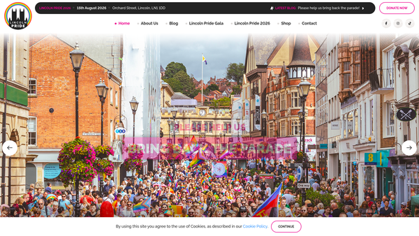 Screenshot of the Lincoln Pride UK website