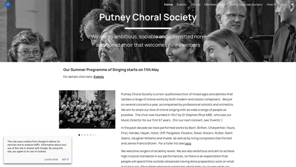 Screenshot of the Putney Choral Society website