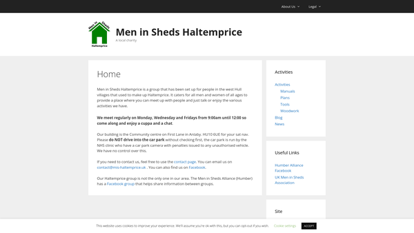 Screenshot of the Men In Sheds Haltemprice website