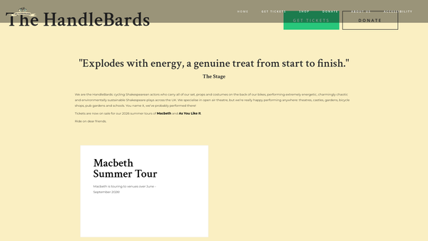 Screenshot of the The Handlebards CIO website