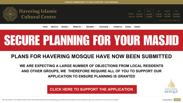 Screenshot of the Havering Islamic Cultural Centre website
