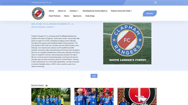 Screenshot of the Clapham Rangers FC website