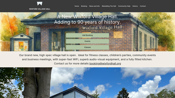 Screenshot of the Wixford Village Hall website