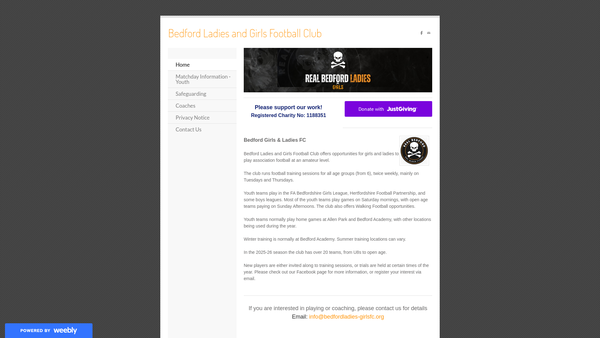 Screenshot of the Bedford Ladies And Girls Football Club website