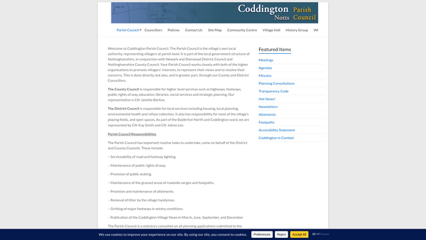 Screenshot of the Coddington Village Hall website