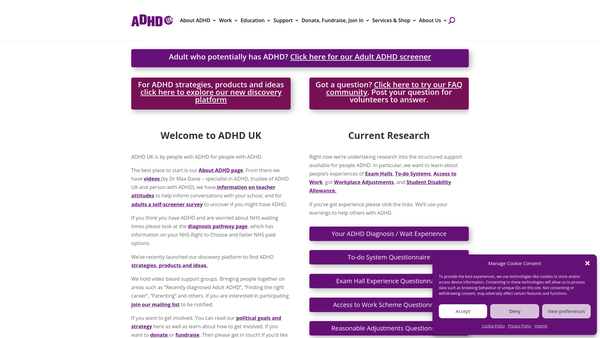 Screenshot of the ADHD UK website