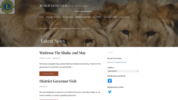 Screenshot of the Ruislip Lions Club (CIO) website