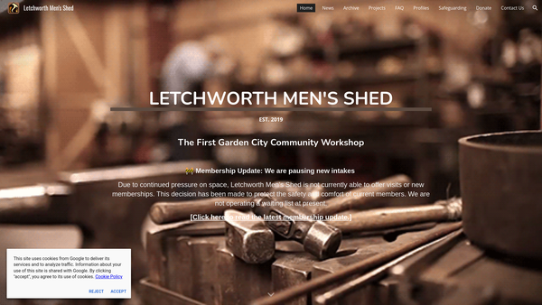 Screenshot of the Letchworth Men In Sheds website