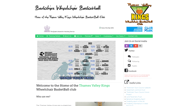 Screenshot of the Thames Valley Kings Wheelchair Basketball Club website