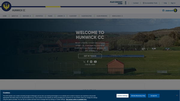 Screenshot of the Hunwick Cricket Club website