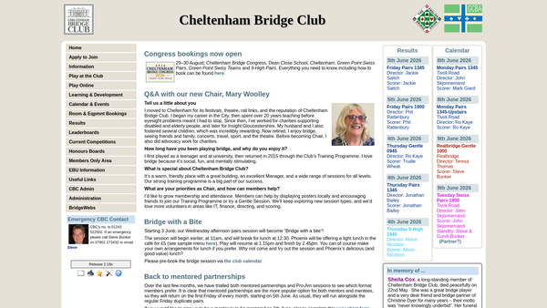 Screenshot of the Cheltenham Bridge Club website