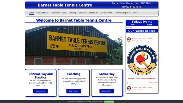 Screenshot of the Barnet Table Tennis Club (Bttc) website