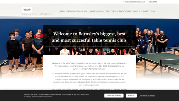 Screenshot of the Barnsley Table Tennis Club website