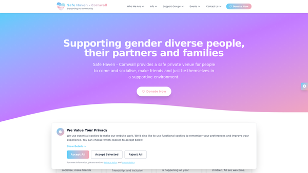 Screenshot of the Safe Haven - Cornwall website