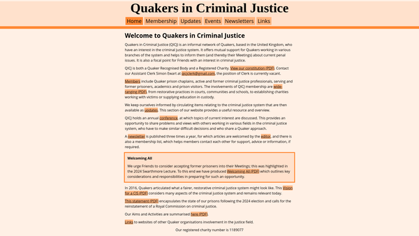 Screenshot of the Quakers In Criminal Justice website