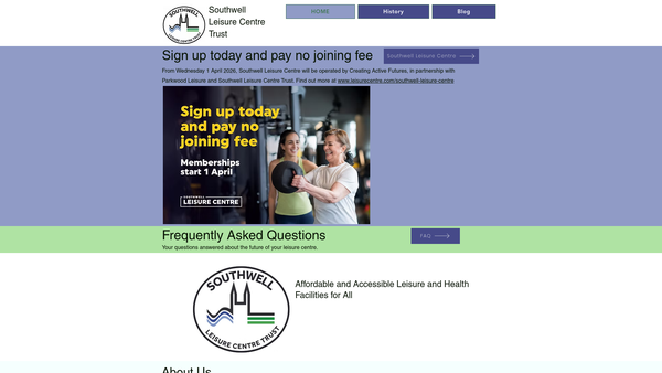 Screenshot of the Southwell Leisure Centre website