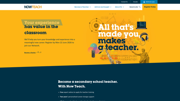 Screenshot of the Now Teach website