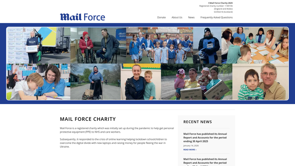 Screenshot of the Mail Force Charity CIO website