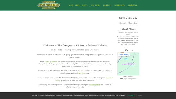Screenshot of the Evergreens Miniature Railway website