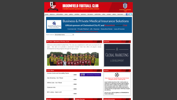 Screenshot of the Broomfield Football Club website