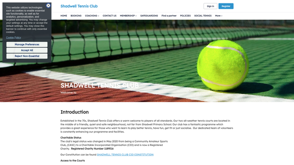 Screenshot of the Shadwell Tennis Club website