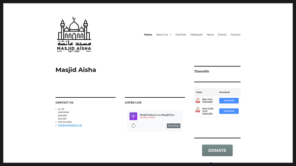 Screenshot of the Masjid Aisha website