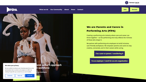 Screenshot of the Parents And Carers In Performing Arts (Pipa) website