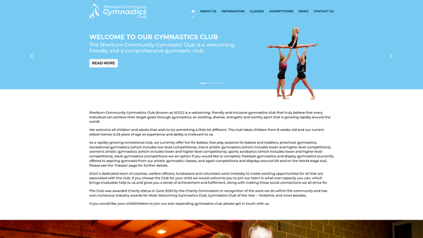 Screenshot of the Sherburn Community Gymnastics Club Ltd website
