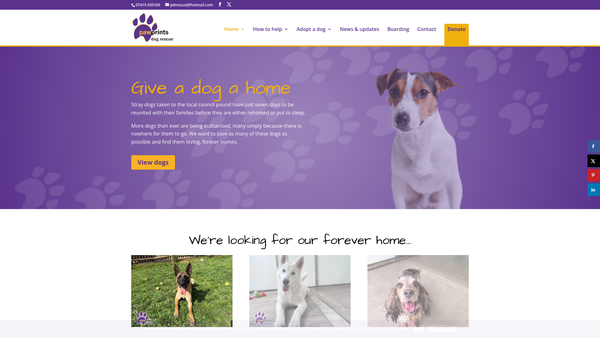 Screenshot of the Pawprints Dog Rescue website