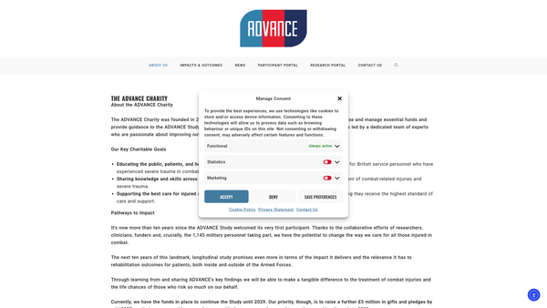 Screenshot of the The Advance (Armed Services Trauma Rehabilitation Outcome Study) Charity website