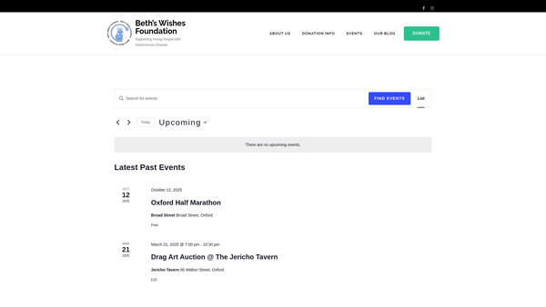 Screenshot of the Beth's Wishes Foundation website