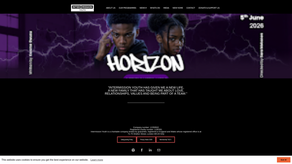 Screenshot of the Intermission Youth website