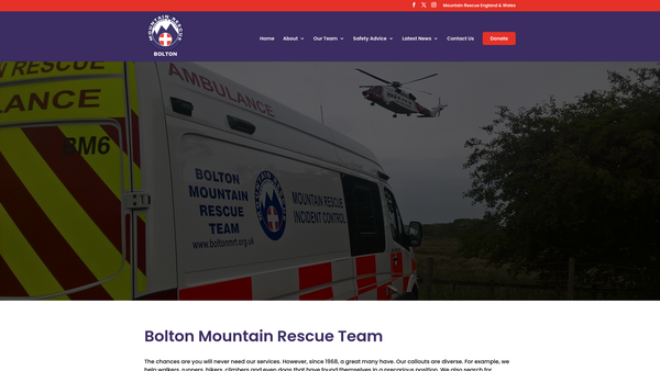 Screenshot of the Bolton Mountain Rescue Team website